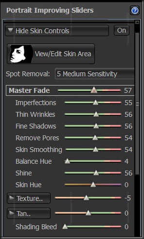 When you open each control you have the Master Slider which applies all the various settings in a pre-determined ratio. Or you can move each slider individually to increase or decrease a certain setting.