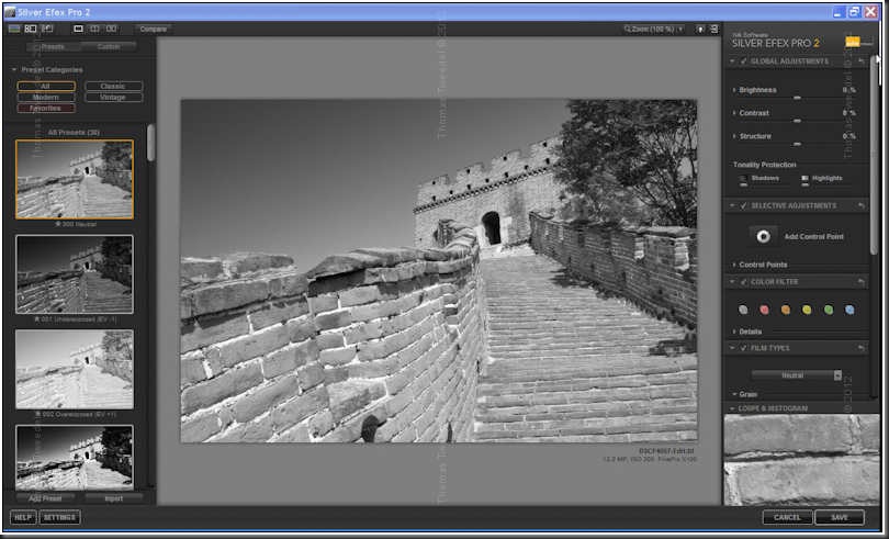 After you have selected your image and activated Silver Efex Pro it brings up its working window. It defaults to a neutral black and white which is pretty similar to a straight desaturation.