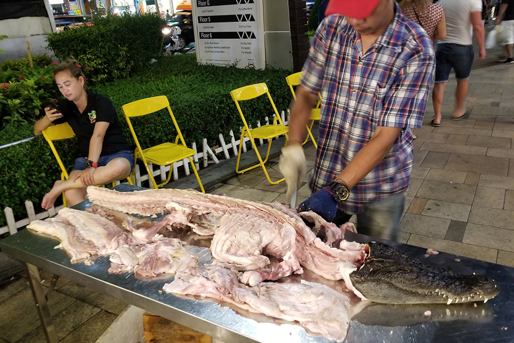 Grilled crocodile meat, Pattaya. Medium portion 200 baht, large 300 baht. Photo kindly provided by a reader. 