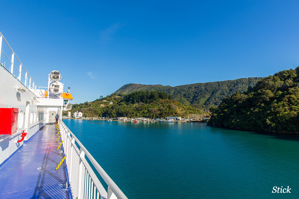 The ferry moves at a snail’s pace through the Marlborough Sounds. 