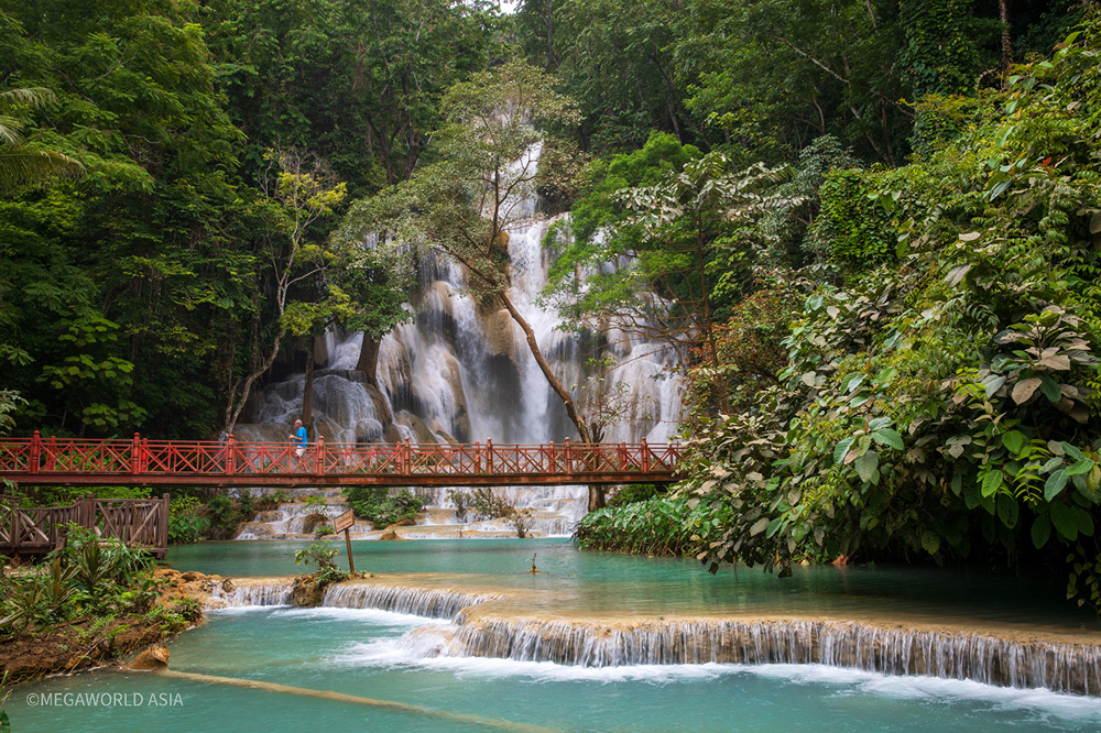 The very scenic Kuang Si Waterfall.